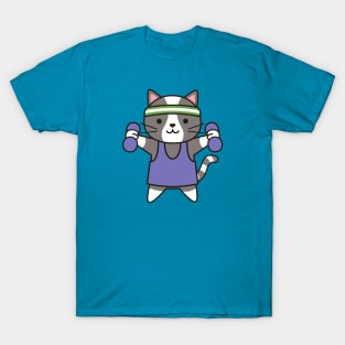 Cute Workout Cat with Weights and Headband T-Shirt